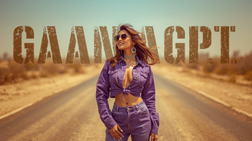 Haryanvi pop queen in bold purple denim and aviators, dusty road backdrop; “GaanaGPT.com” in rugged .jpg