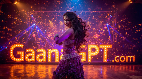 Bollywood item song dancer with shimmering purple sequins, explosive background lights; “GaanaGPT.co.jpg
