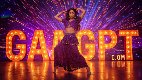 Bollywood item song dancer with shimmering purple sequins, explosive background lights; “GaanaGPT.co.jpg