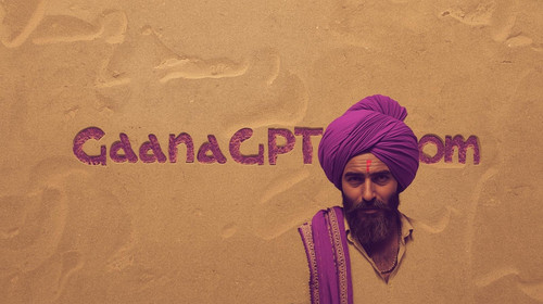 Rajasthani folk pop man with purple turban, desert freeze frame aesthetic; “GaanaGPT.com” etched in .jpg