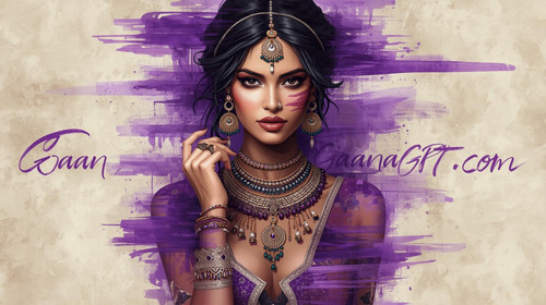 Bengali indie queen in purple artistic paint streaks, bohemian jewelry; “GaanaGPT.com” handwritten i.jpg