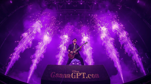 Kannada rockstar man on stage with purple pyrotechnics bursting; “GaanaGPT.com” engraved on the ampl.jpg