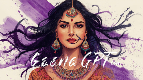 Bengali indie queen in purple artistic paint streaks, bohemian jewelry; “GaanaGPT.com” handwritten i.jpg