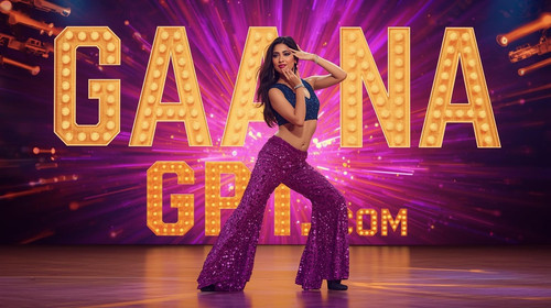 Bollywood item song dancer with shimmering purple sequins, explosive background lights; “GaanaGPT.co.jpg
