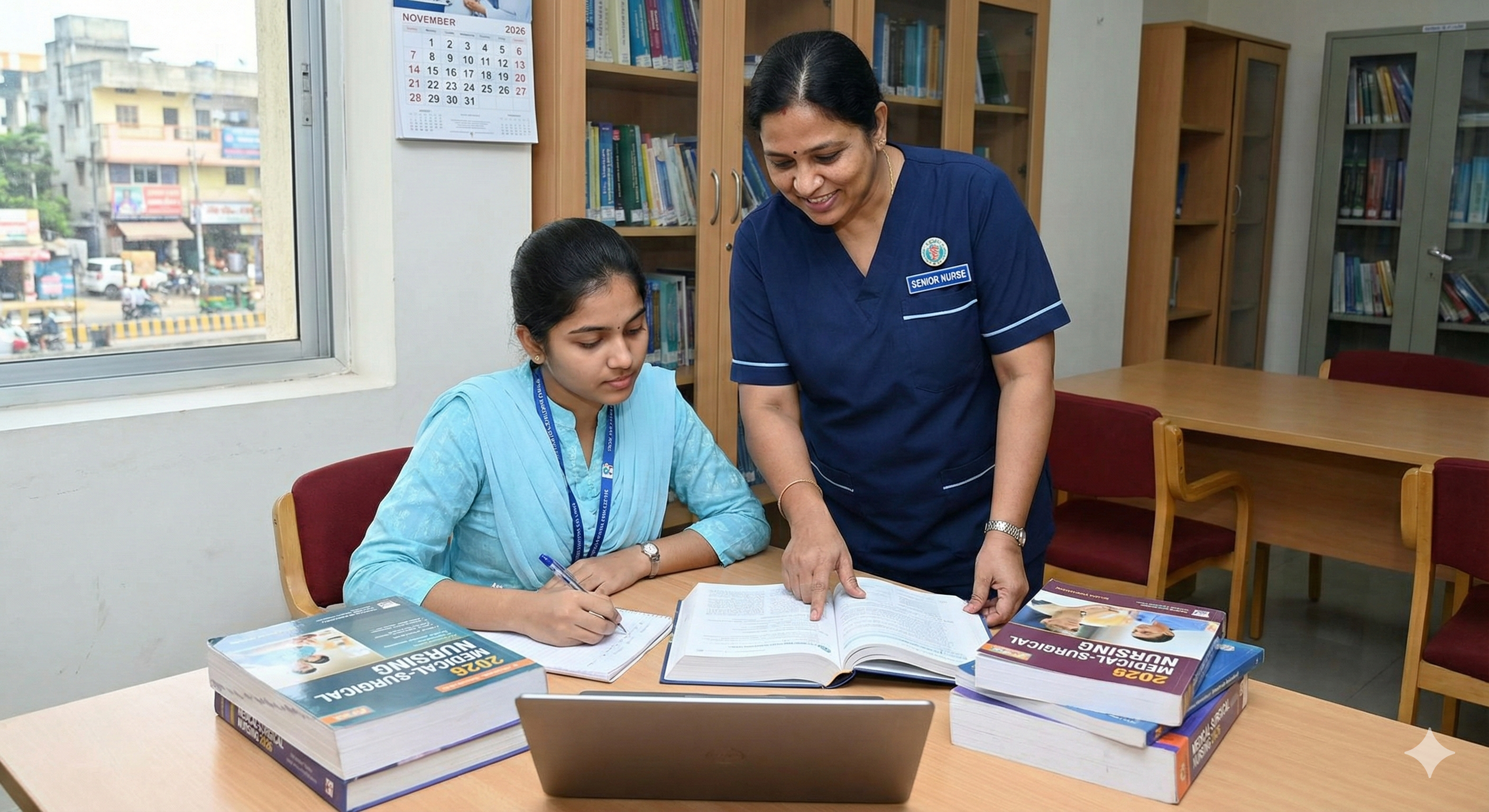 A professional nurse helping a student study nursing books, symbolizing mentorship and preparation.