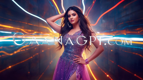Tollywood glam heroine in shiny purple dress with slow shutter light trails; “GaanaGPT.com” bold cin.jpg