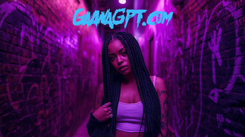 Urban female rapper with braided hair, neon purple alleyway, graffiti textures; “GaanaGPT.com” acros.jpg