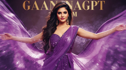 Tollywood glam heroine in shiny purple dress with slow shutter light trails; “GaanaGPT.com” bold cin.jpg