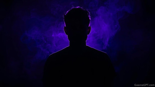 Dark moody indie man lit with purple and cyan rim lights, smoke, silhouette; “GaanaGPT.com” minimal .jpg