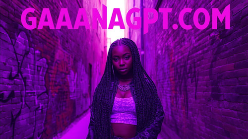 Urban female rapper with braided hair, neon purple alleyway, graffiti textures; “GaanaGPT.com” acros.jpg
