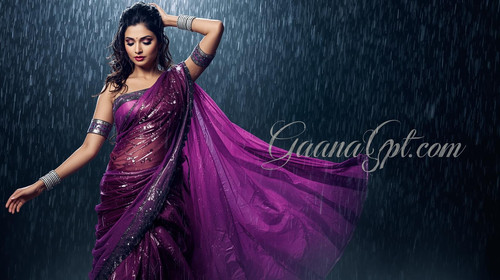Sexy Bollywood diva with wet purple saree, dramatic rainstorm scene; “GaanaGPT.com” in elegant itali.jpg