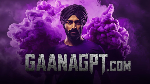 Hardcore Punjabi gabru with purple smoke bombs behind him; “GaanaGPT.com” in gritty metallic font. (.jpg