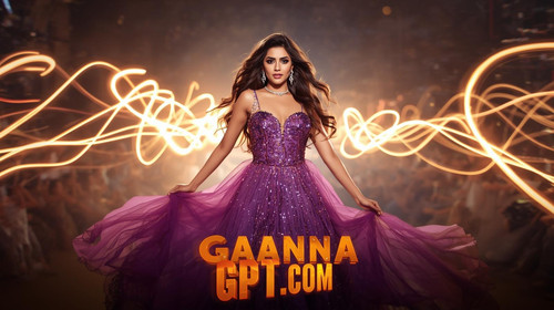 Tollywood glam heroine in shiny purple dress with slow shutter light trails; “GaanaGPT.com” bold cin.jpg