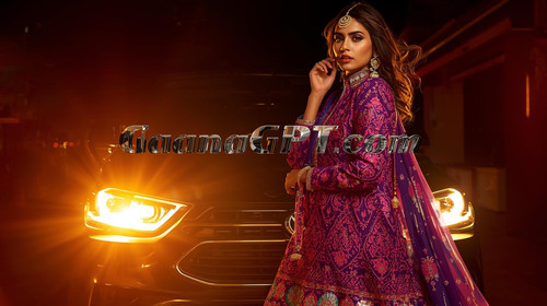 Punjabi female model in purple phulkari jacket, posing with car headlights; “GaanaGPT.com” reflectiv.jpg