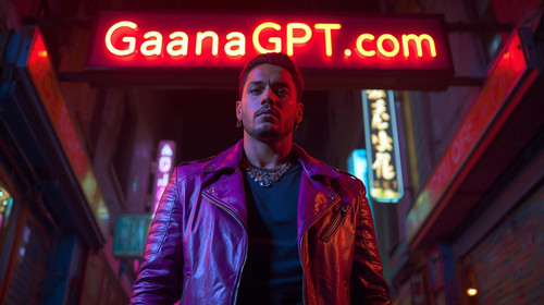 Sexy biker man in purple leather jacket under neon street signs; “GaanaGPT.com” displayed as a glowi.jpg