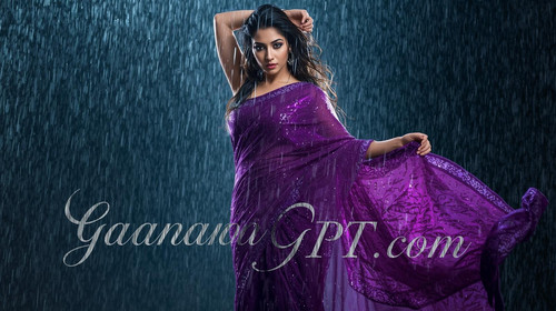 Sexy Bollywood diva with wet purple saree, dramatic rainstorm scene; “GaanaGPT.com” in elegant itali.jpg