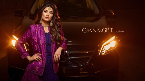 Punjabi female model in purple phulkari jacket, posing with car headlights; “GaanaGPT.com” reflectiv.jpg