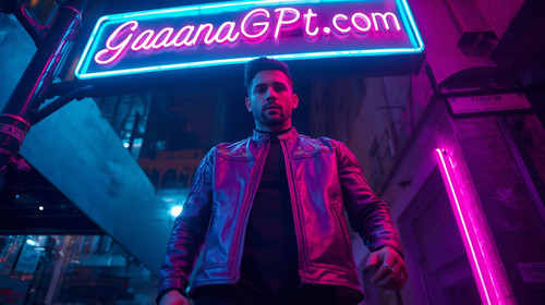 Sexy biker man in purple leather jacket under neon street signs; “GaanaGPT.com” displayed as a glowi.jpg
