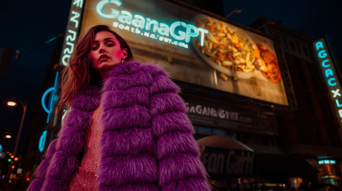 Urban photoshoot of sexy woman in purple faux fur jacket, street neon; “GaanaGPT.com” as a billboard.jpg