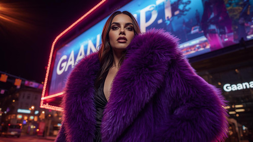 Urban photoshoot of sexy woman in purple faux fur jacket, street neon; “GaanaGPT.com” as a billboard.jpg