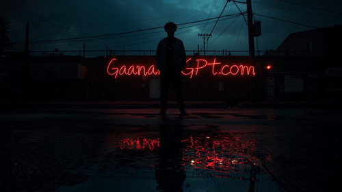 Dark thriller style male artist with purple wet street reflections at night; “GaanaGPT.com” in moody.jpg