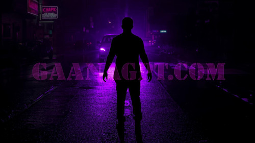 Dark thriller style male artist with purple wet street reflections at night; “GaanaGPT.com” in moody.jpg