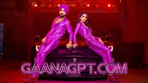 Punjabi music video duo (sexy man + woman) in matching purple outfits leaning on a sports car; “Gaan.jpg