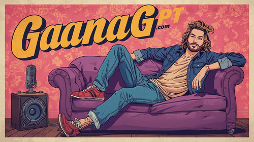 Sexy indie boy artist lying on purple couch with vintage mic; “GaanaGPT.com” in stylish retro poster.jpg
