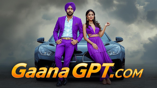 Punjabi music video duo (sexy man + woman) in matching purple outfits leaning on a sports car; “Gaan.jpg