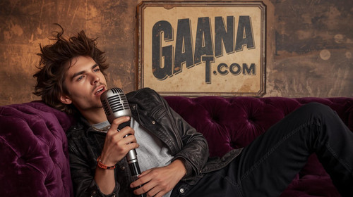 Sexy indie boy artist lying on purple couch with vintage mic; “GaanaGPT.com” in stylish retro poster.jpg