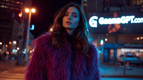Urban photoshoot of sexy woman in purple faux fur jacket, street neon; “GaanaGPT.com” as a billboard.jpg