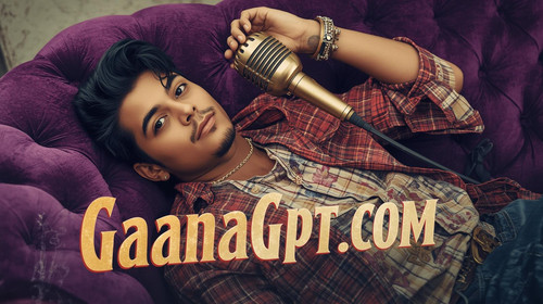 Sexy indie boy artist lying on purple couch with vintage mic; “GaanaGPT.com” in stylish retro poster.jpg