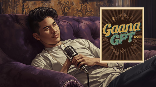 Sexy indie boy artist lying on purple couch with vintage mic; “GaanaGPT.com” in stylish retro poster.jpg