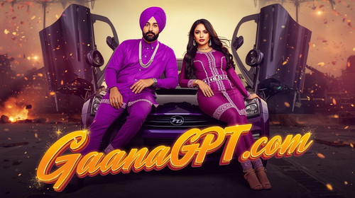 Punjabi music video duo (sexy man + woman) in matching purple outfits leaning on a sports car; “Gaan.jpg