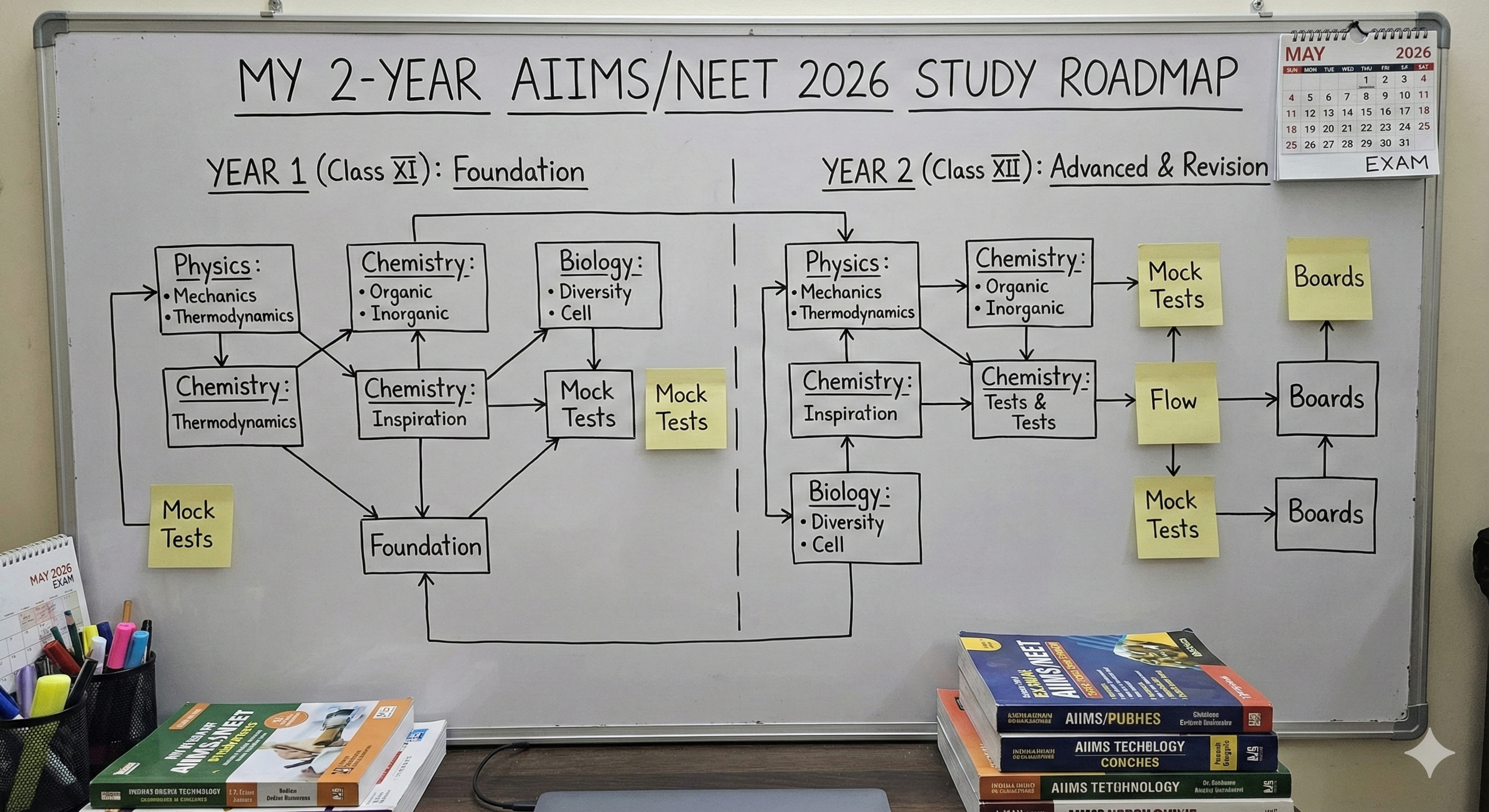 A detailed schematic representing a 2-year study roadmap for medical entrance exams.