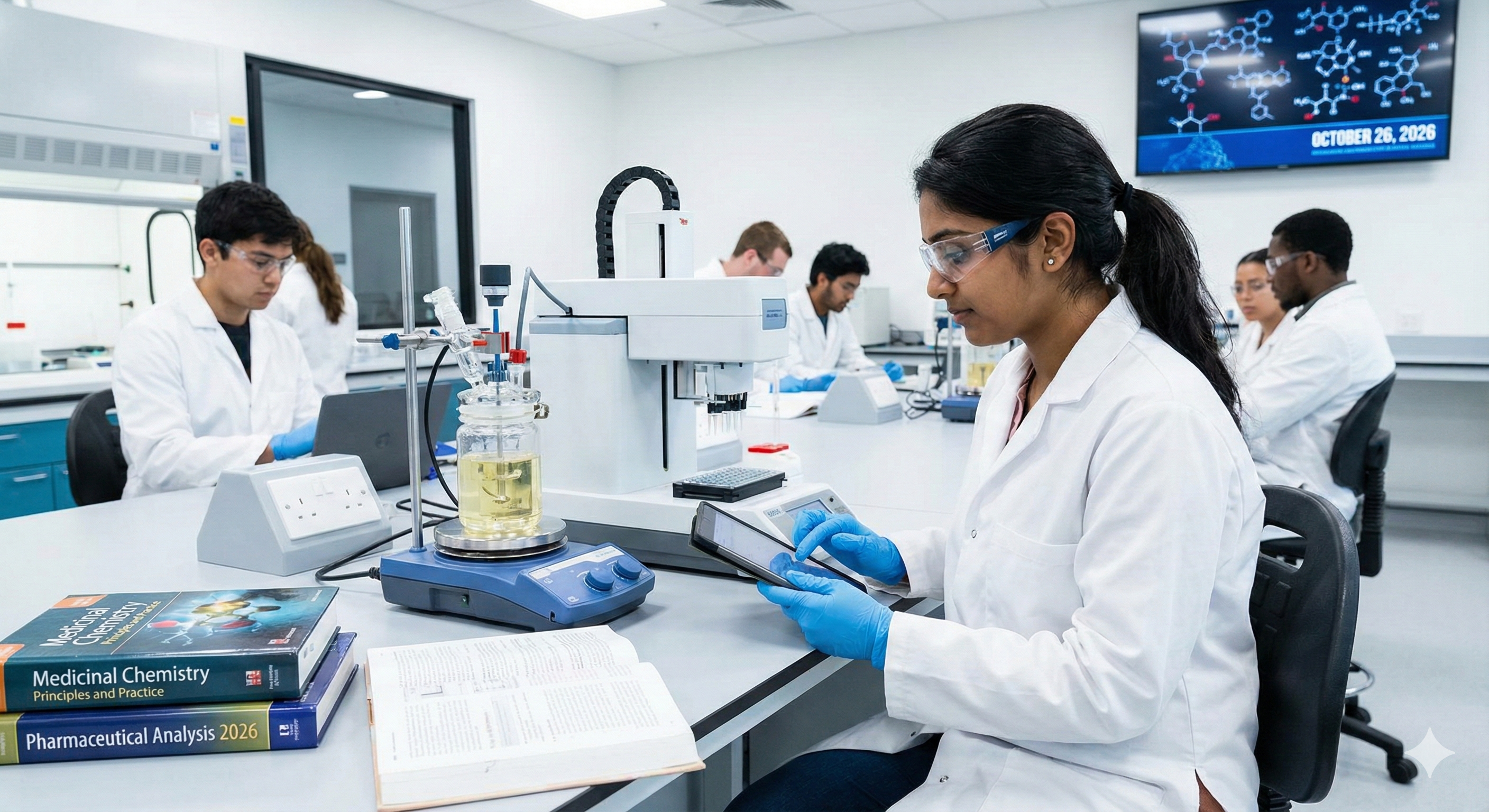 Student studying pharmaceutical chemistry in a modern lab setting
