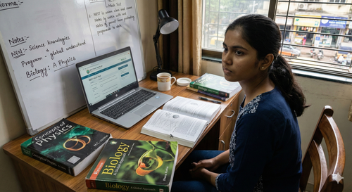 Ambitious student preparing for NEST exam with science textbooks and laptop