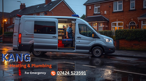 Kang Heating & Plumbing branded van - Reliable 24/7 emergency plumbing & heating engineers serving Sale, Stockport and surrounding areas
