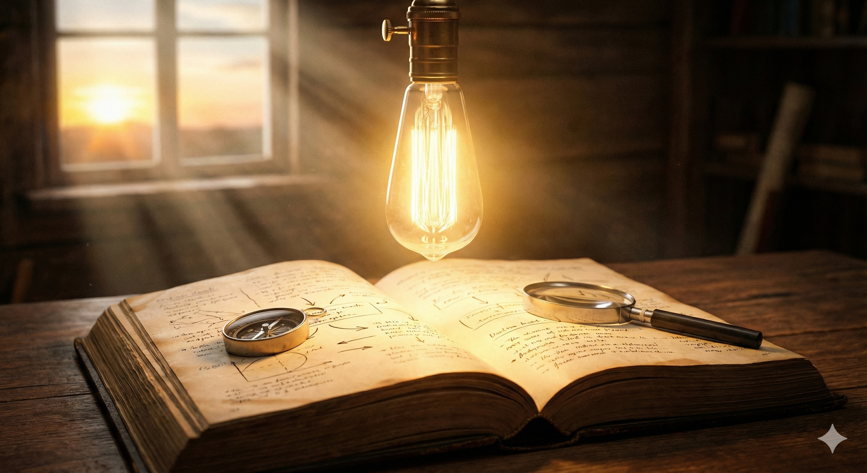 A bright, inspirational light bulb shining over an open study book, symbolizing insight and strategy.