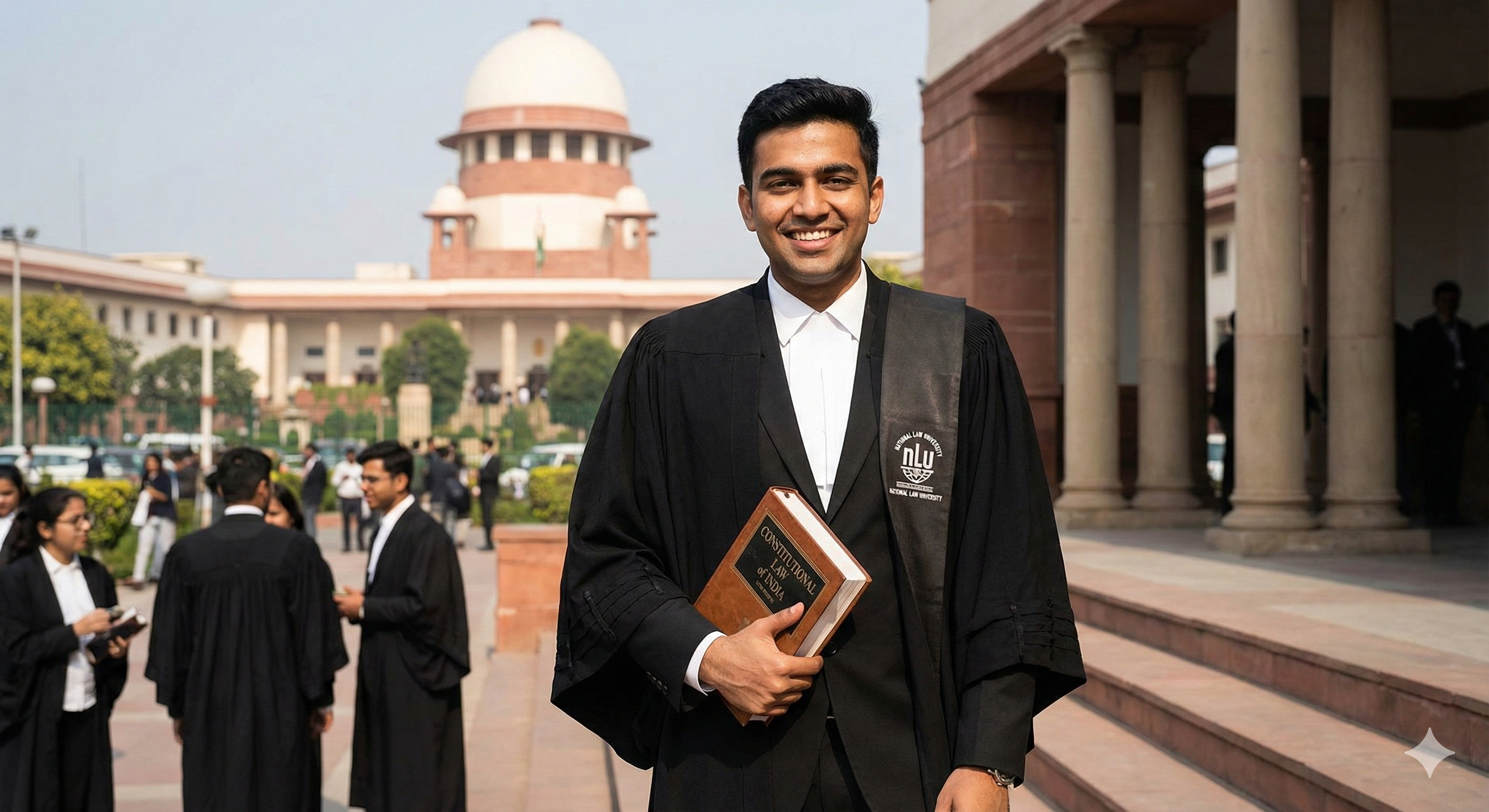 A successful law student standing confidently, representing future NLU success