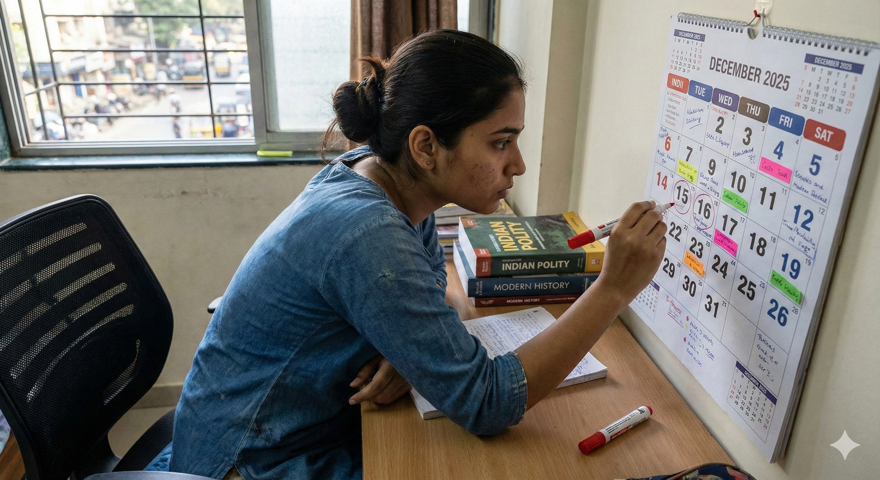 A highly focused student tracking their study plan on a calendar, symbolizing long-term preparation.