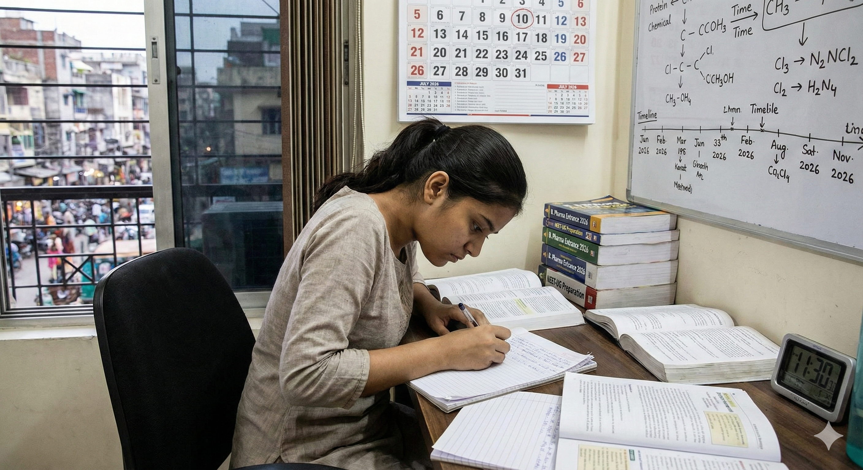 Student studying intensely for competitive entrance exams for B. Pharma admission