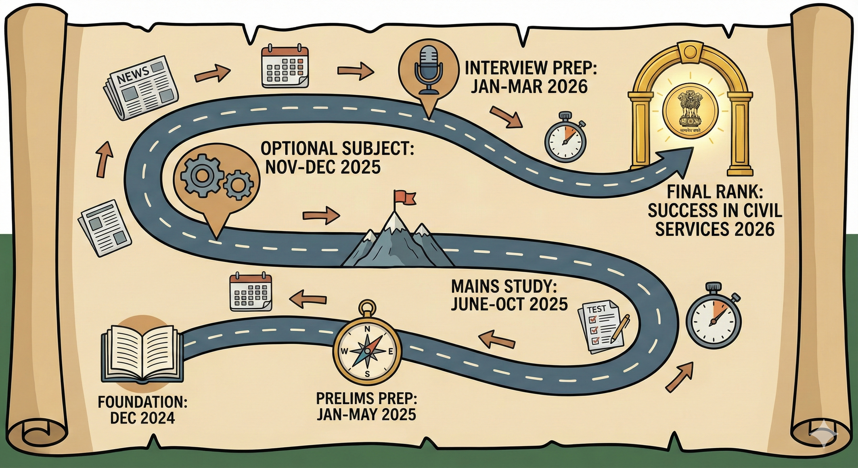 A detailed roadmap illustration leading to success in a civil services exam.