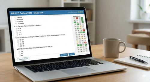 Online mock test interface on a laptop for banking aspirants