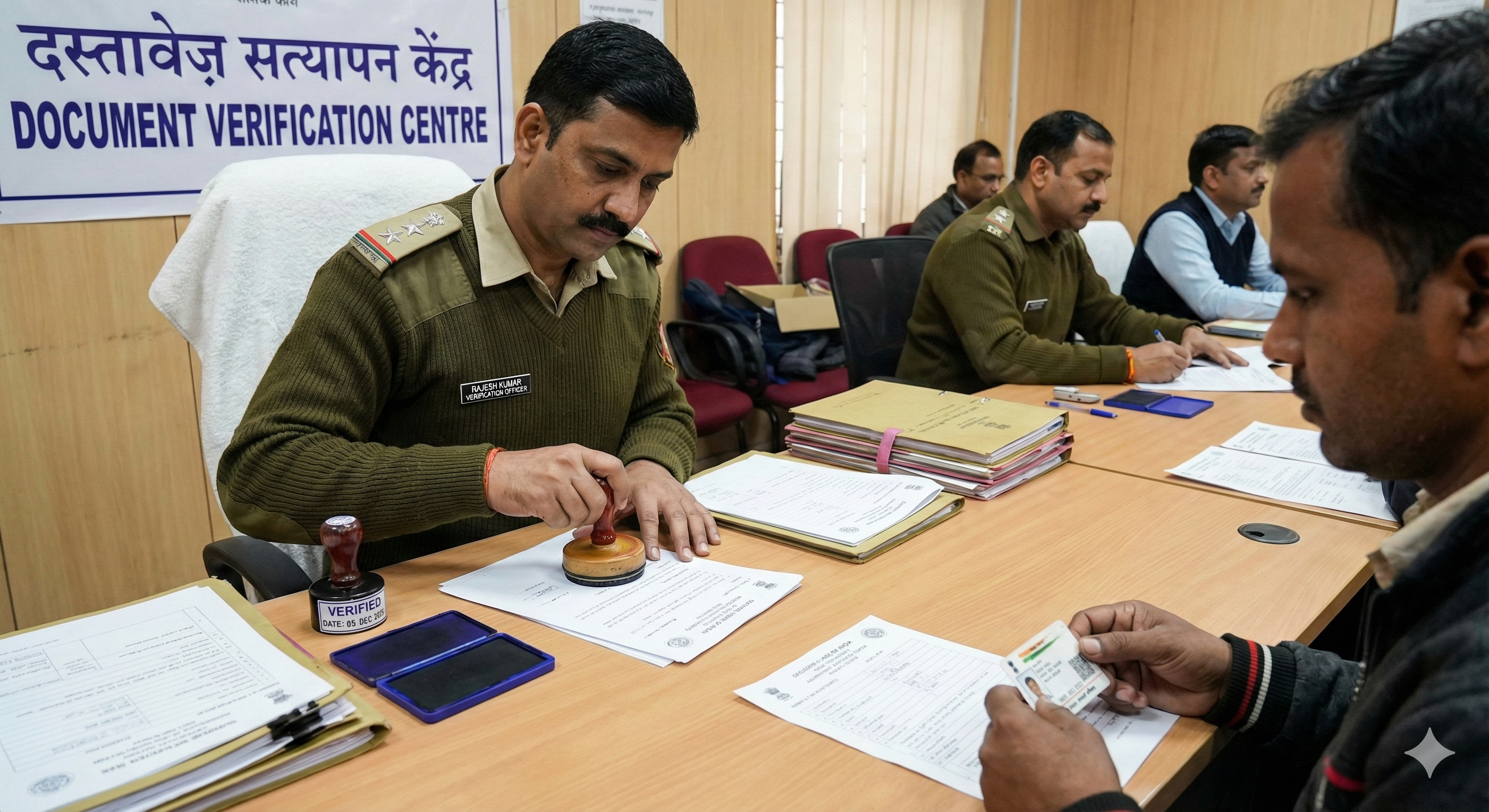 Official government document verification process with stamps and official seals