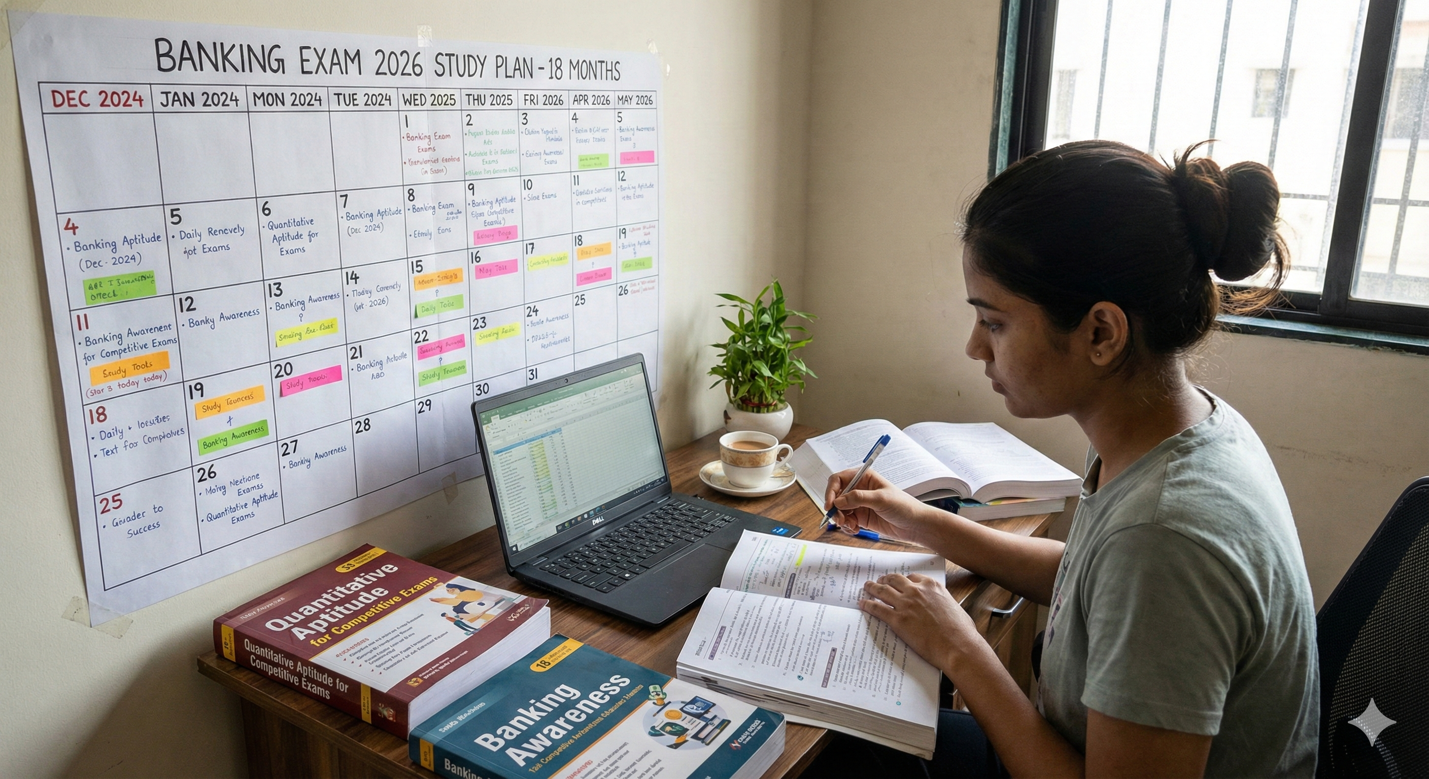 A focused student planning their study schedule 18 months in advance for a banking exam