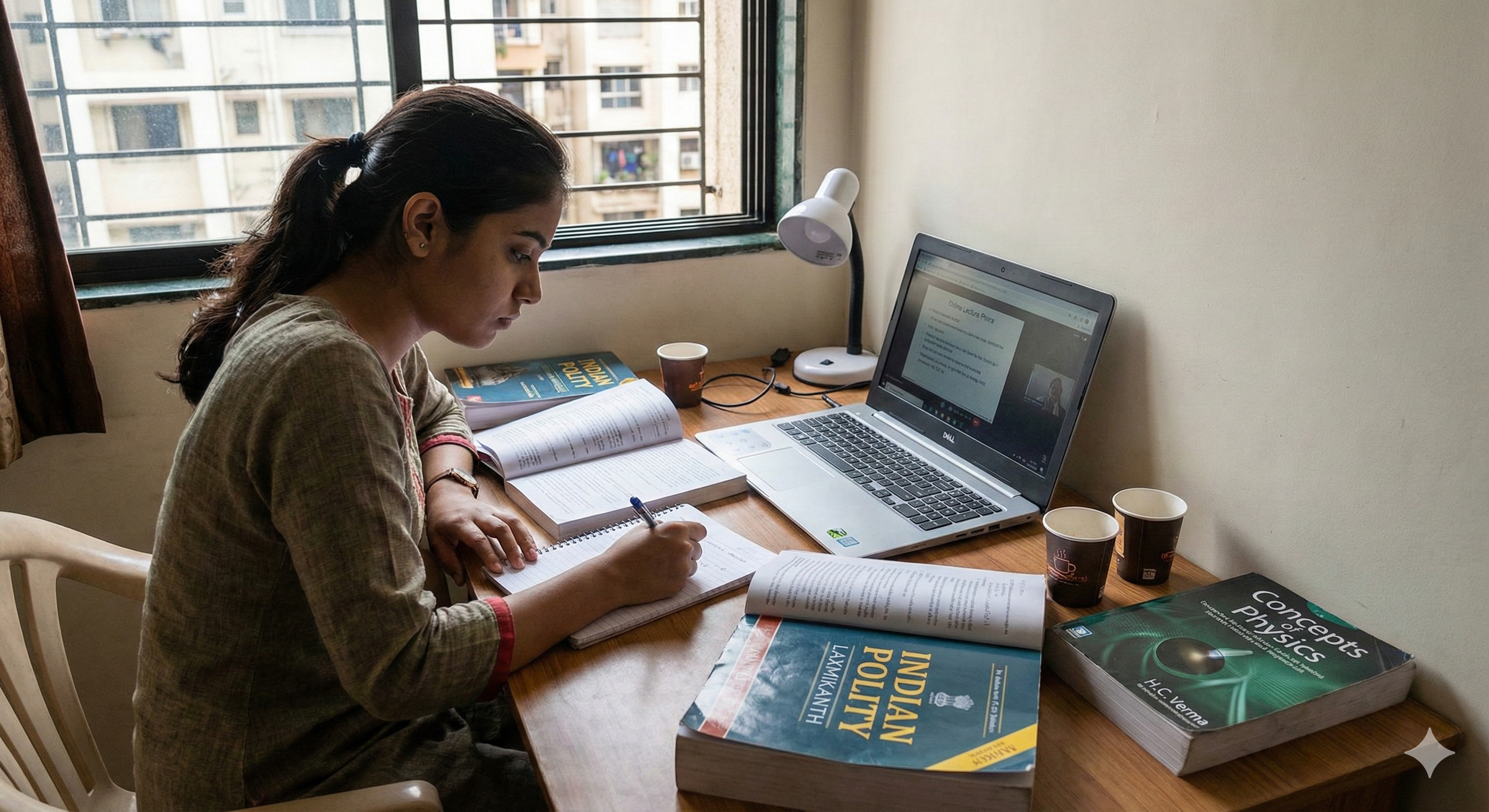 Student studying diligently with books and laptop for exam preparation