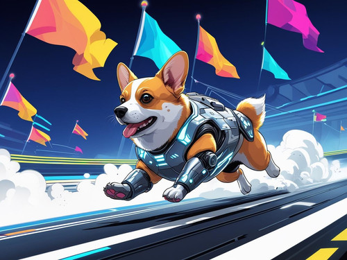 Cyber corgi in a sleek exosuit running on AI racetrack, digital flags flying, vibrant cartoon style.jpg