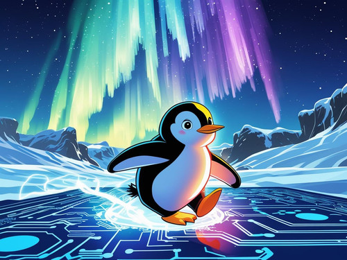 Glowing penguin sliding through ice circuit board, aurora made of code in sky, vibrant cartoon style.jpg