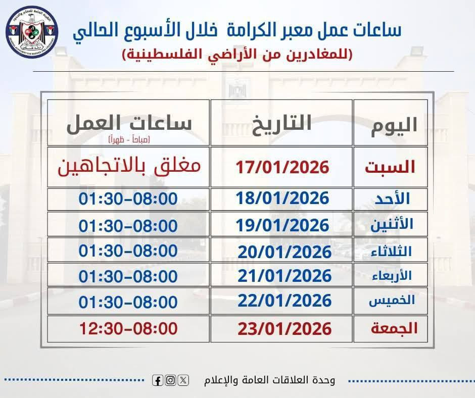 تعلن الهيئة العامة للمعابر والحدود عن ساعات عمل معبر الكرامة خلال الأسبوع القادم للمغادرين من الأراضي الفلسطينية، وذلك وفق الجدول المرفق....